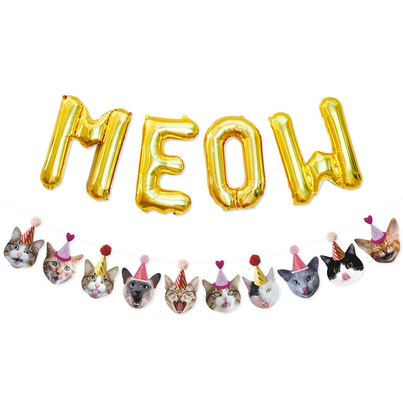 Bessmoso Funny Cat Party Garland Meow Letter Balloons Cats Faces with Party Hats Banner Kitten Bunting Photo Props for Cat Theme Birthday Party Pet Adoption Party Supplies - Image 1
